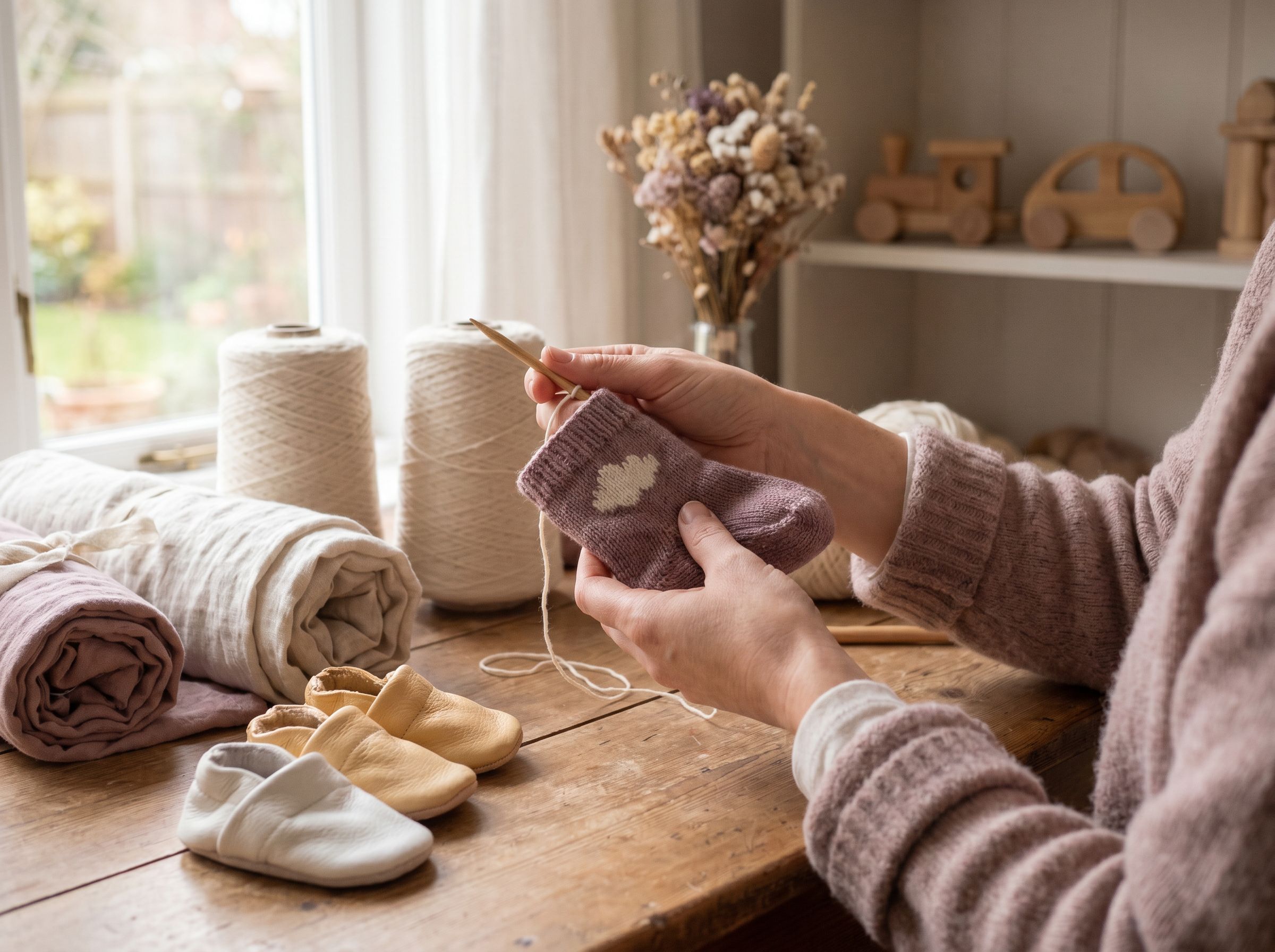 Une scène d'atelier — sélection des matières naturelles pour les premiers pas