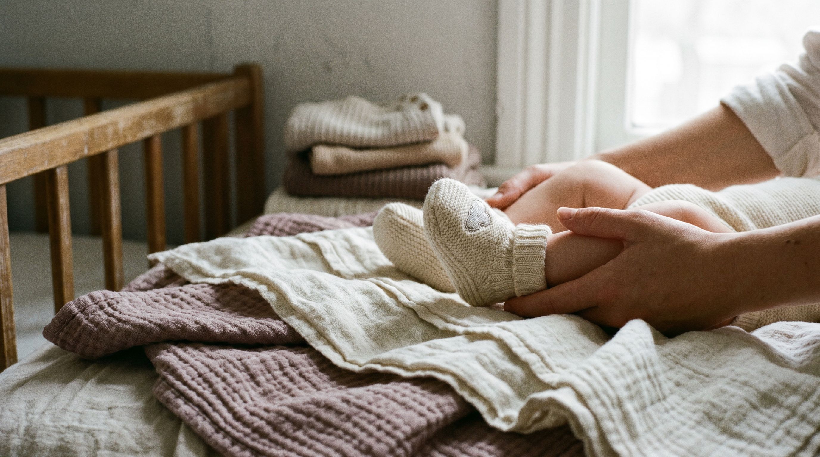Chausson de bébé en velours doux sur tissu écru — premiers pas
